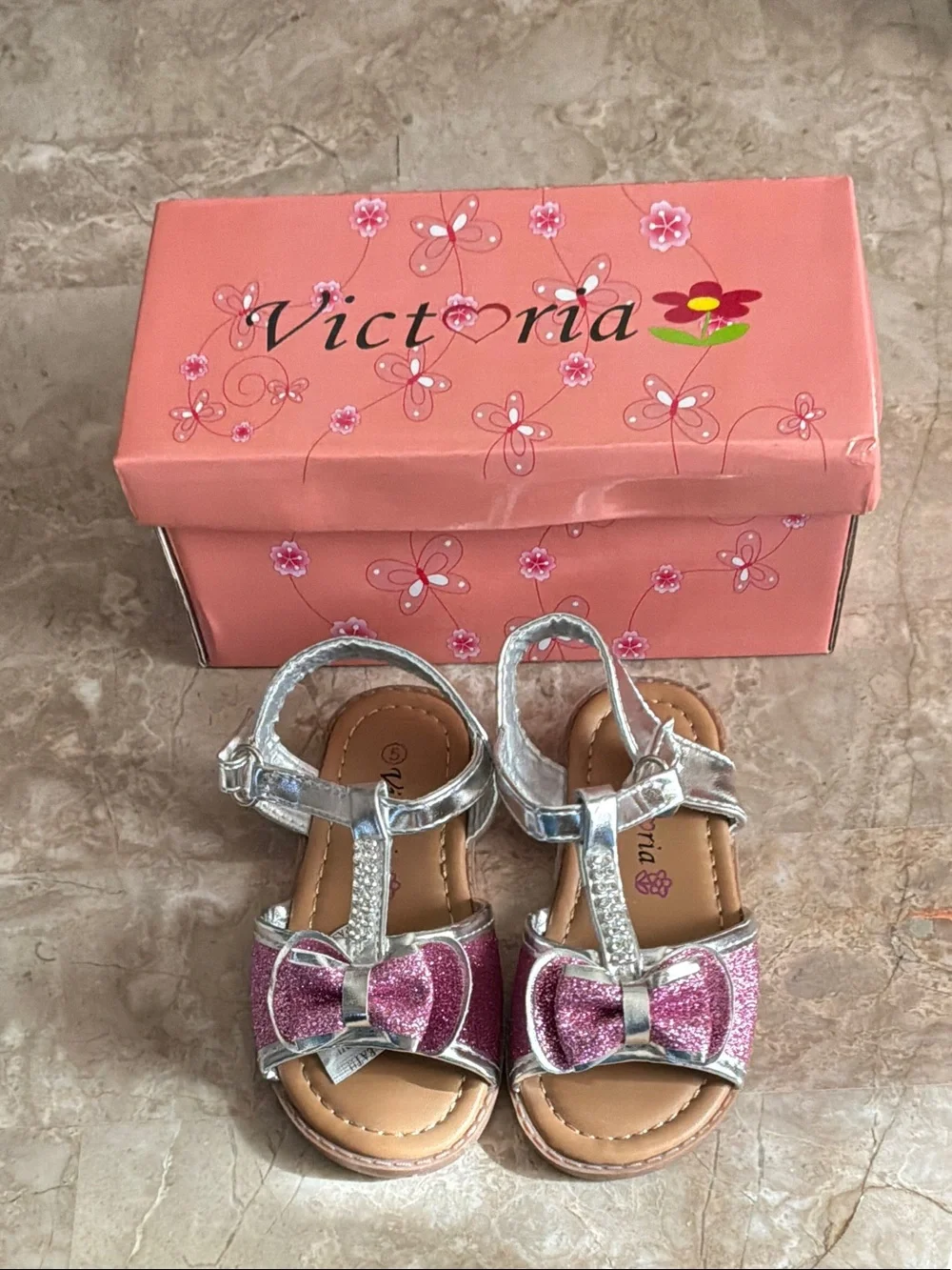 Girls Silver & Pink Glitter Bow Sandals size 5